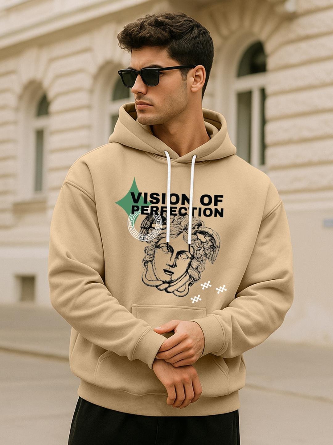 Men Beige Graphic Printed Cotton Fleece Regular Fit Hooded Pullover Sweatshirt