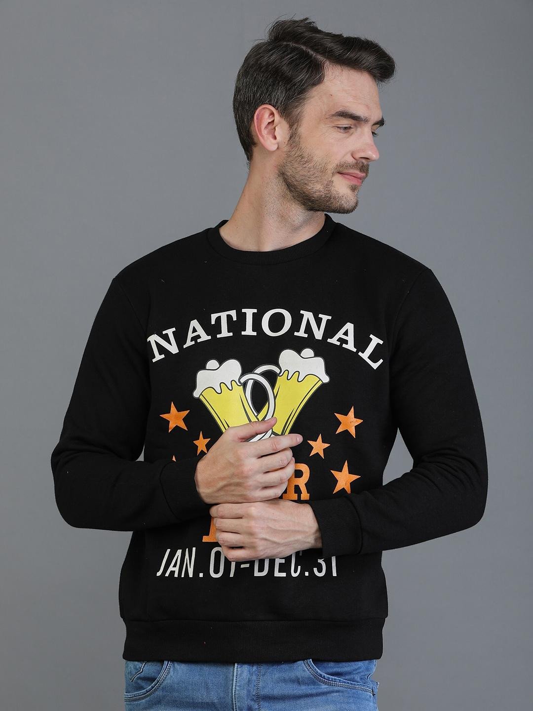 Men Black Printed Round Neck Fleece Sweatshirt