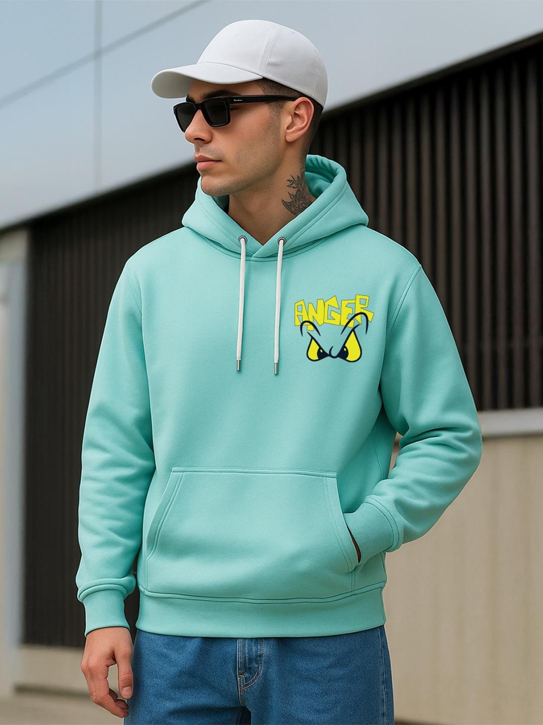 Men Green Detail Printed Cotton Fleece Regular Fit Hooded Pullover Sweatshirt