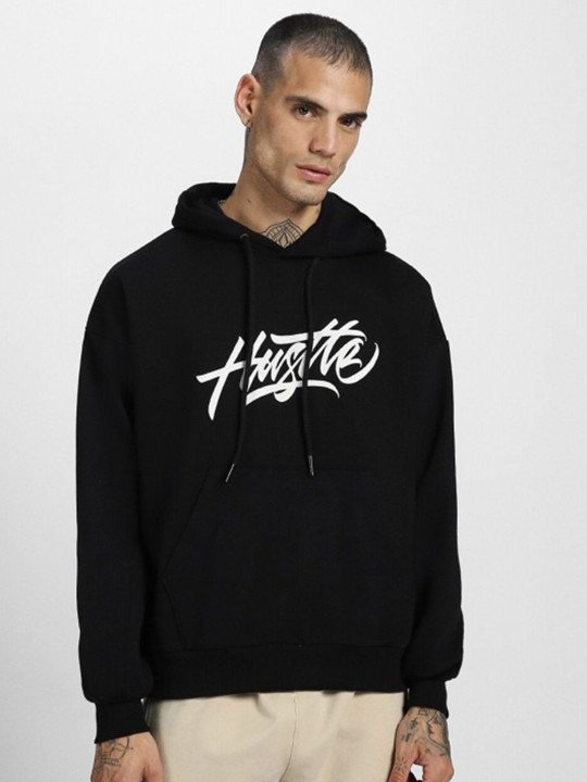 Men Black Graphic Printed Cotton Fleece Oversized Hooded Pullover Sweatshirt